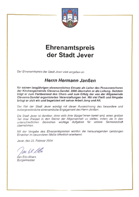 Ehrenpreis der Stadt Jever 2024