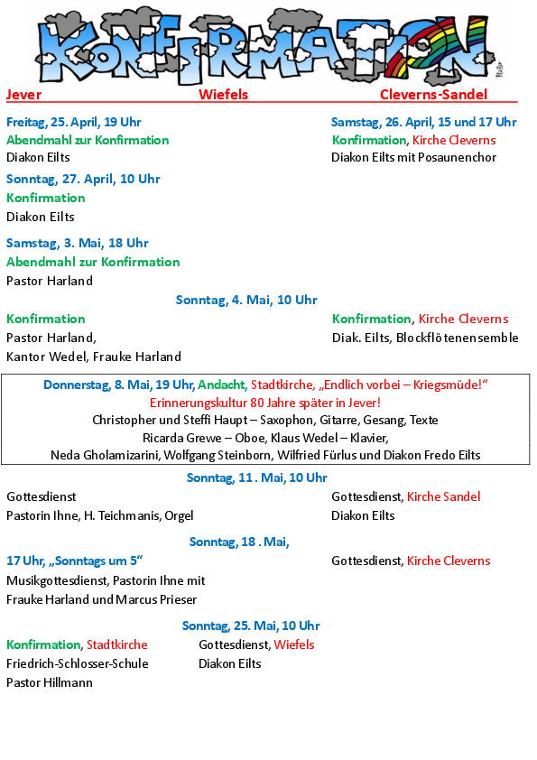 Gottesdienste und Konfirmationen im Mai 2025