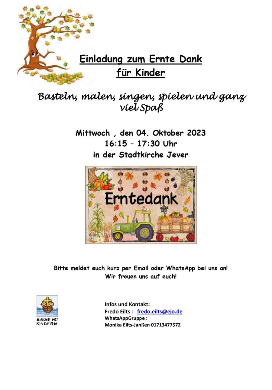 Erntedank für Kinder, 4.10.23 von 16.15 bis 17.30 Uhr in der Stadtkirche