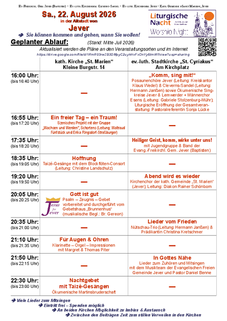 Liturgische Nacht 22. August mit der Ökumene Jever von 16-23 Uhr