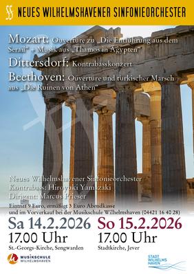 So., 15. Februar 2026, 17 Uhr Stadtkirche Jever Orchesterkonzert Wien trifft Levante Werke von Ludwig van Beethoven, Wolfgang A. Mozart und Carl Ditters von Dittersdorf Hiroyuki Yamazaki – Kontrabass Wilhelmshavener Sinfonieorchester Dirigent: Marcus Prieser Eintritt: 9,- €, erm. 3,- € Vorverkauf: Musikschule Wilhelmshaven (04421 / 16 40 28)