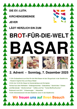 2. Advent 11 Uhr, Stadtkirche, Familiengottesdienst mit der Singschule, Pastorin Ihne, anschließend Brot-für-die-Welt-Basar